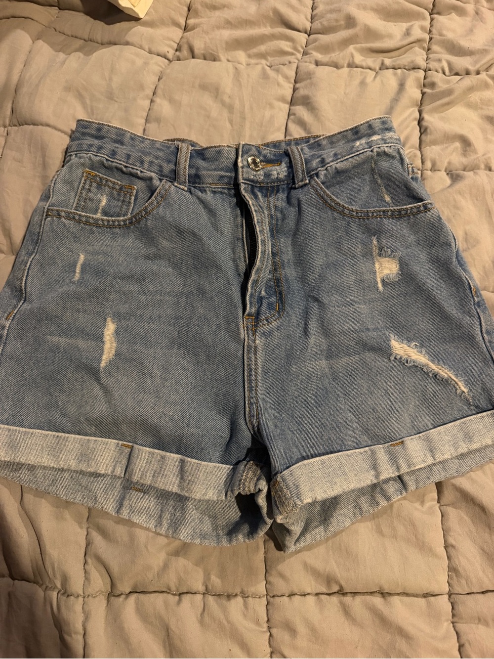 SHEIN Light Blue High-Rise Rolled Hem Distressed Jean Shorts